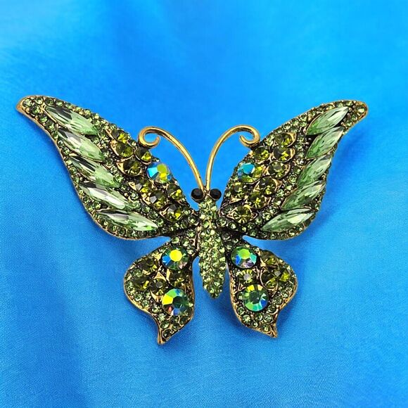 Sparkly Green & Blue Rhinestone Butterfly Insect Brooch Pin with 3.5" Wingspan - Picture 2 of 10